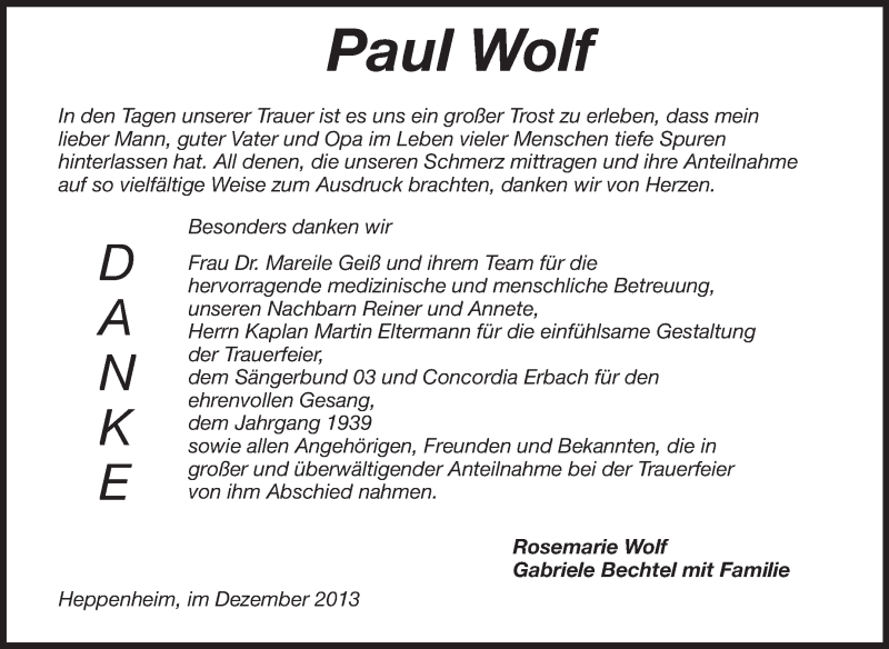  Traueranzeige für Paul Wolf vom 27.12.2013 aus Starkenburger Echo