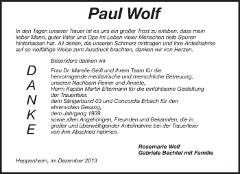 Traueranzeige von Paul Wolf von Starkenburger Echo