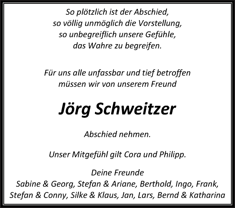  Traueranzeige für Jörg Schweitzer vom 28.12.2013 aus Echo-Zeitungen (Gesamtausgabe)