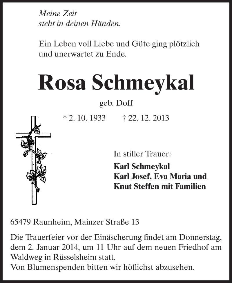  Traueranzeige für Rosa Schmeykal vom 28.12.2013 aus Rüsselsheimer Echo, Groß-Gerauer-Echo, Ried Echo