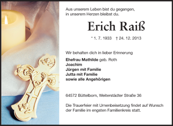 Traueranzeige von Erich Raiß von Rüsselsheimer Echo, Groß-Gerauer-Echo, Ried Echo
