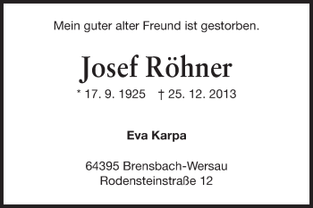 Traueranzeige von Josef Röhner von Echo-Zeitungen (Gesamtausgabe)