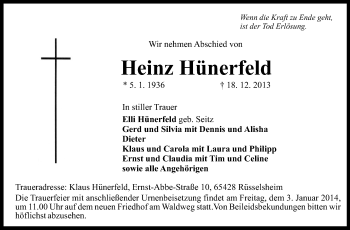 Traueranzeige von Heinz Hünerfeld von Rüsselsheimer Echo, Groß-Gerauer-Echo, Ried Echo