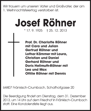Traueranzeige von Josef Röhner von Echo-Zeitungen (Gesamtausgabe)