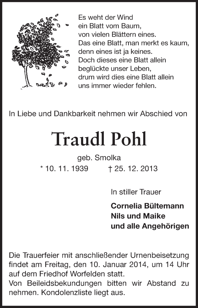  Traueranzeige für Traudl Pohl vom 28.12.2013 aus Rüsselsheimer Echo, Groß-Gerauer-Echo, Ried Echo