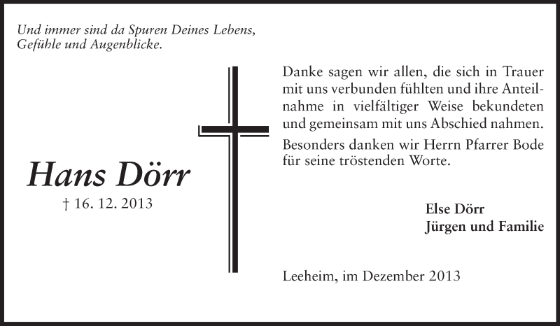  Traueranzeige für Hans Dörr vom 28.12.2013 aus Rüsselsheimer Echo, Groß-Gerauer-Echo, Ried Echo