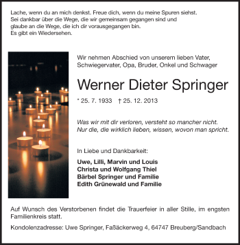 Traueranzeige von Werner Dieter Springer  von Odenwälder Echo