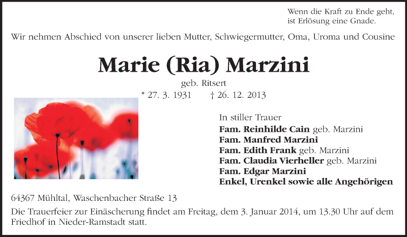  Traueranzeige für Marie Marzini vom 31.12.2013 aus Echo-Zeitungen (Gesamtausgabe)