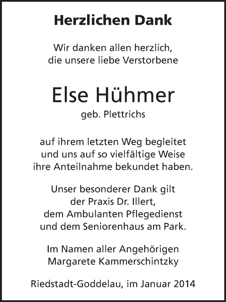  Traueranzeige für Else Hühmer vom 08.01.2014 aus Rüsselsheimer Echo, Groß-Gerauer-Echo, Ried Echo