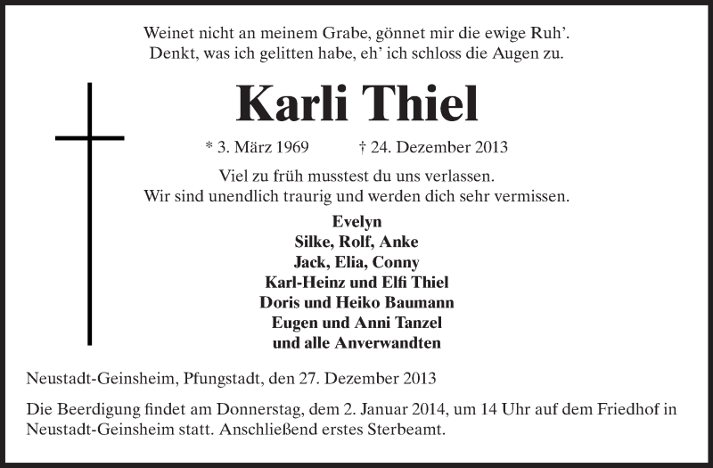  Traueranzeige für Karli Thiel vom 30.12.2013 aus Echo-Zeitungen (Gesamtausgabe)