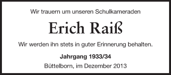 Traueranzeige von Erich Raiß von Rüsselsheimer Echo, Groß-Gerauer-Echo, Ried Echo