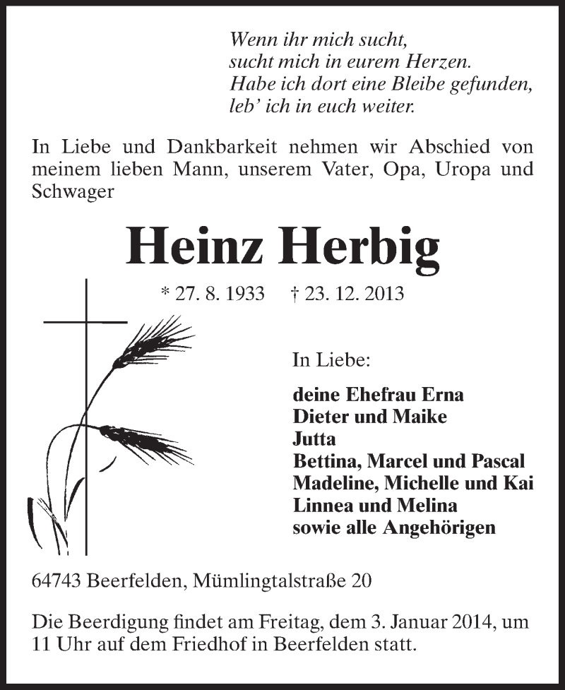  Traueranzeige für Heinz Herbig vom 31.12.2013 aus Odenwälder Echo