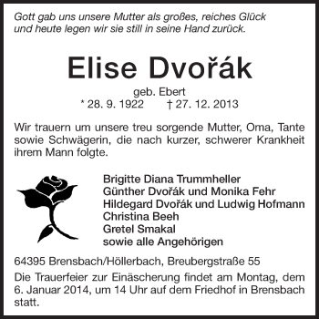 Traueranzeige von Elise Dvorák von Odenwälder Echo