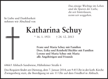 Traueranzeige von Katharina Schuy von Echo-Zeitungen (Gesamtausgabe)