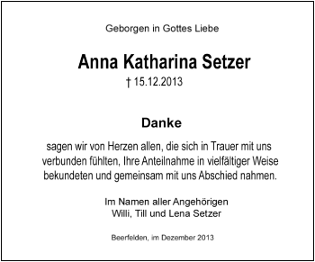 Traueranzeige von Anna Katharina Setzer von Odenwälder Echo