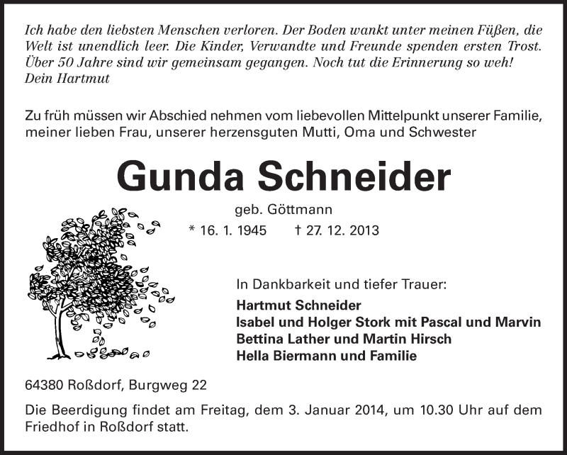  Traueranzeige für Gunda Schneider vom 31.12.2013 aus Echo-Zeitungen (Gesamtausgabe)