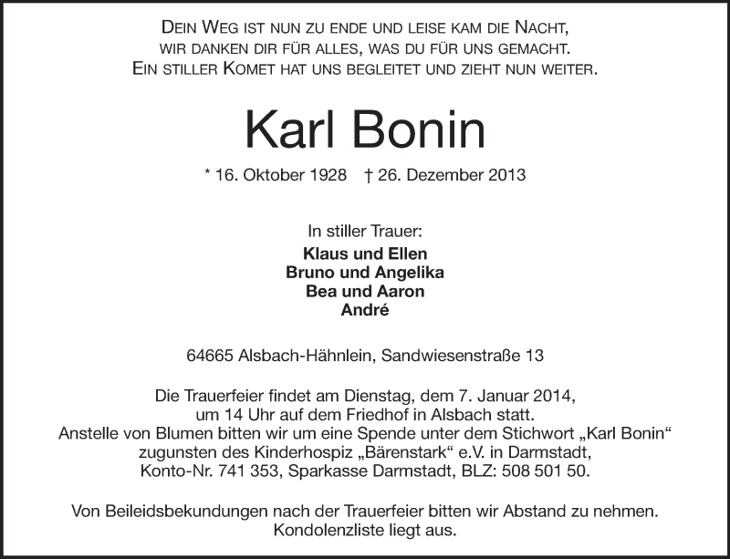  Traueranzeige für Karl Bonin vom 02.01.2014 aus Echo-Zeitungen (Gesamtausgabe)