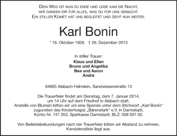 Traueranzeige von Karl Bonin von Echo-Zeitungen (Gesamtausgabe)