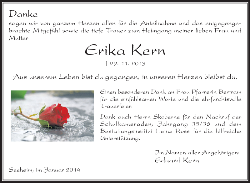 Traueranzeige für Erika Kern vom 04.01.2014 aus Echo-Zeitungen (Gesamtausgabe)