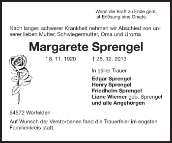 Traueranzeige von Margarete Sprengel von Rüsselsheimer Echo, Groß-Gerauer-Echo, Ried Echo