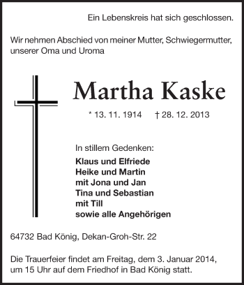 Traueranzeige von Martha Kaske von Odenwälder Echo