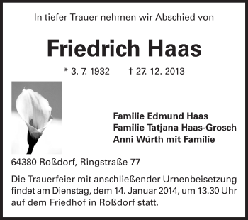 Traueranzeige von Friedrich Haas von Echo-Zeitungen (Gesamtausgabe)