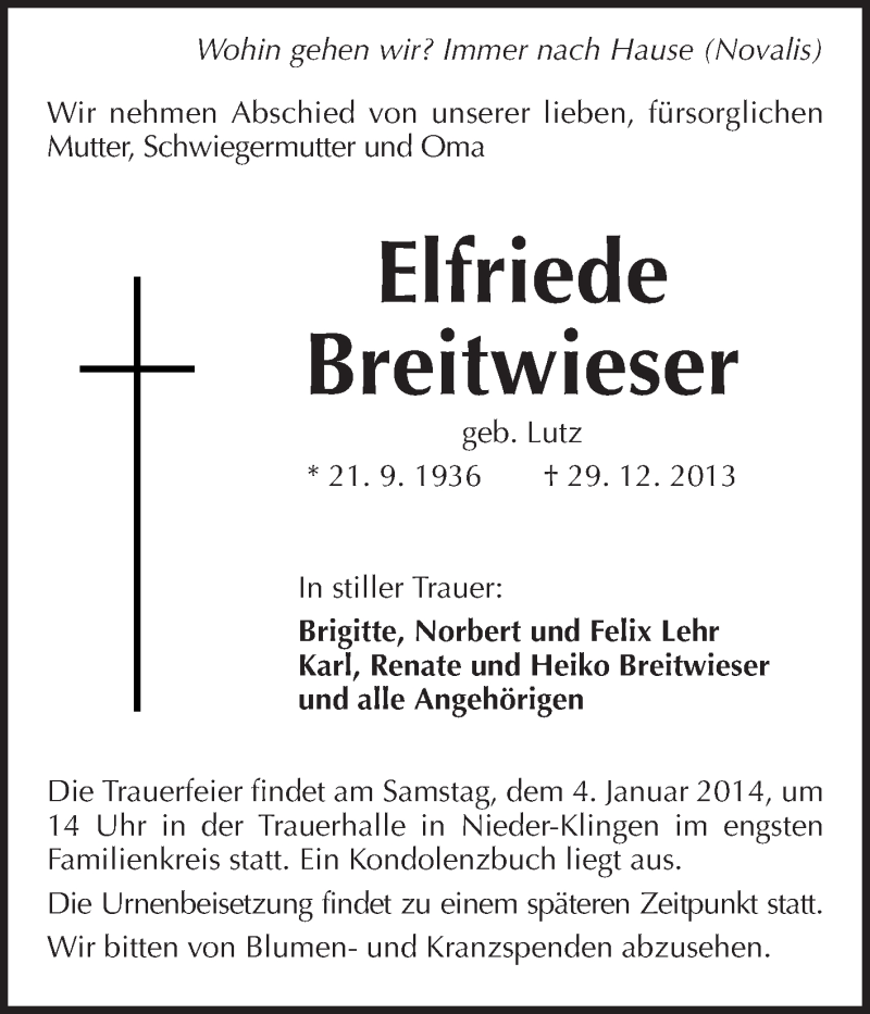  Traueranzeige für Elfriede Breitwieser vom 02.01.2014 aus Echo-Zeitungen (Gesamtausgabe)