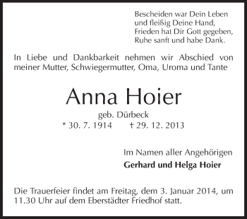 Traueranzeige von Anna Hoier von Echo-Zeitungen (Gesamtausgabe)