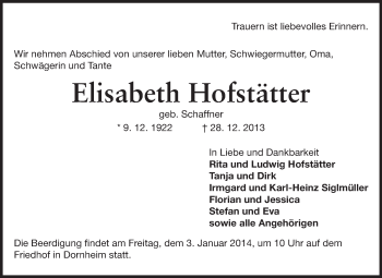Traueranzeige von Elisabeth Hofstätter von Rüsselsheimer Echo, Groß-Gerauer-Echo, Ried Echo
