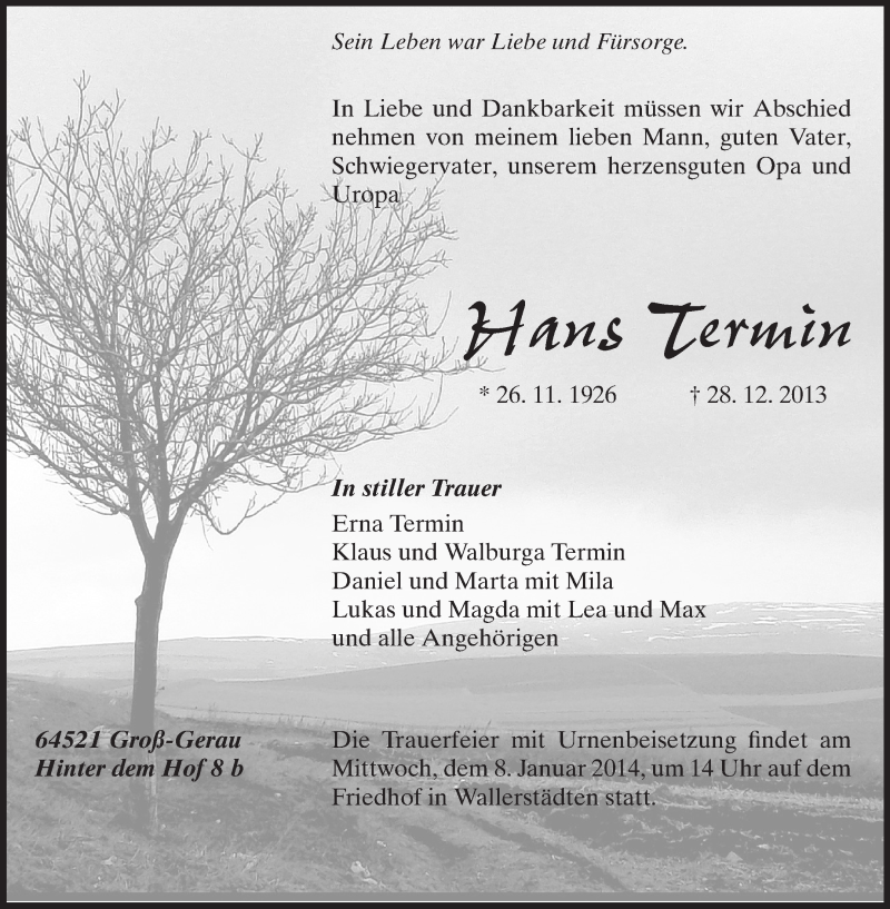  Traueranzeige für Hans Termin vom 04.01.2014 aus Rüsselsheimer Echo, Groß-Gerauer-Echo, Ried Echo