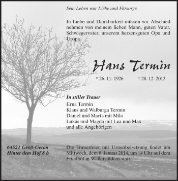 Traueranzeige von Hans Termin von Rüsselsheimer Echo, Groß-Gerauer-Echo, Ried Echo