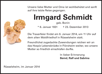 Traueranzeige von Irmgard Schmidt von Rüsselsheimer Echo, Groß-Gerauer-Echo, Ried Echo