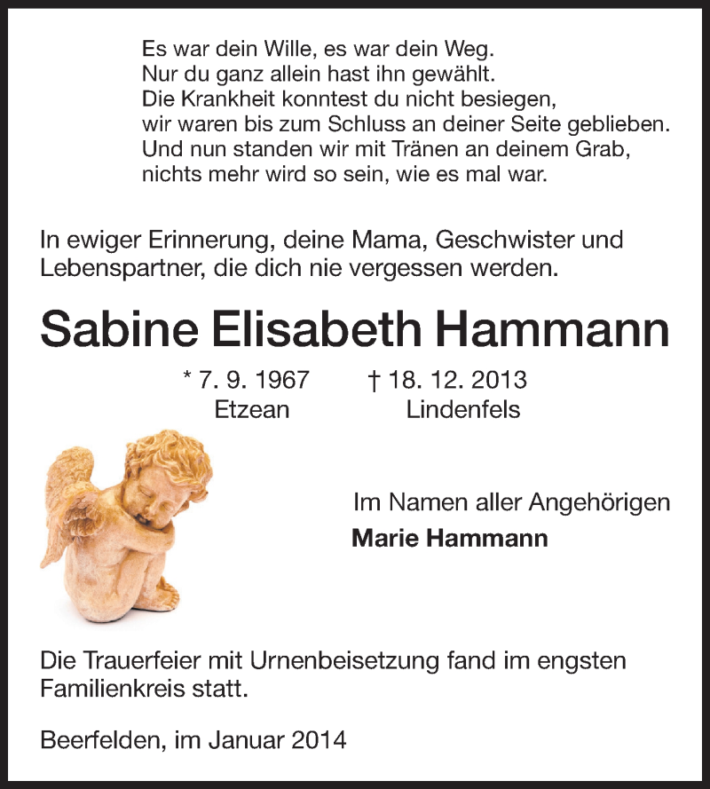  Traueranzeige für Sabine Elisabeth Hammann vom 04.01.2014 aus Odenwälder Echo