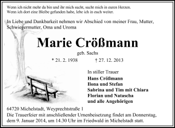 Traueranzeige von Marie Crößmann von Odenwälder Echo