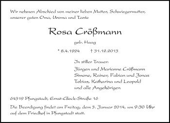 Traueranzeige von Rosa Crößmann von Darmstädter Echo, Odenwälder Echo, Rüsselsheimer Echo, Groß-Gerauer-Echo, Ried Echo