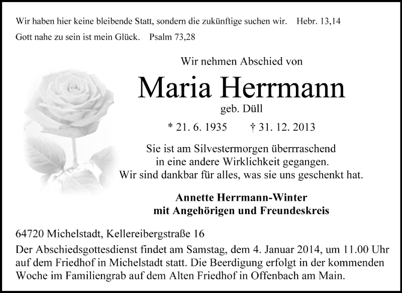  Traueranzeige für Maria Herrmann vom 02.01.2014 aus Odenwälder Echo