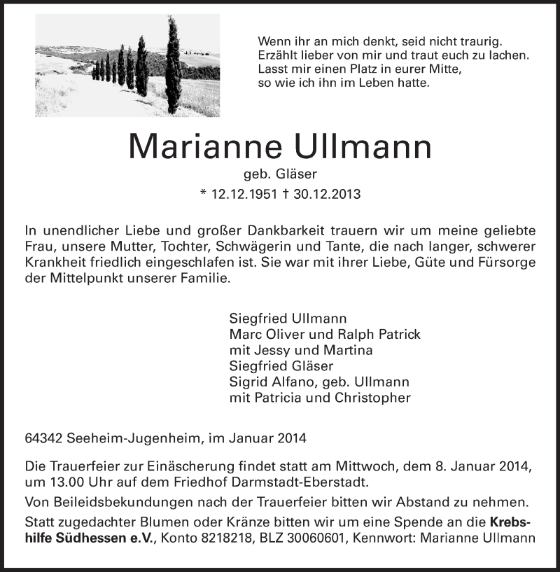  Traueranzeige für Marianne Ullmann vom 04.01.2014 aus Echo-Zeitungen (Gesamtausgabe)
