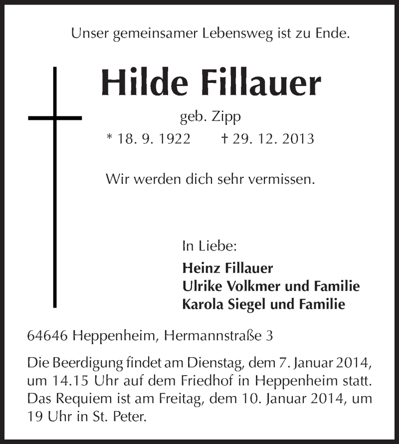  Traueranzeige für Hilde Fillauer vom 03.01.2014 aus Starkenburger Echo
