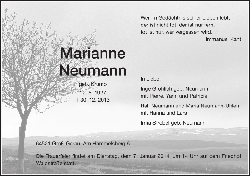  Traueranzeige für Marianne Neumann vom 04.01.2014 aus Rüsselsheimer Echo, Groß-Gerauer-Echo, Ried Echo