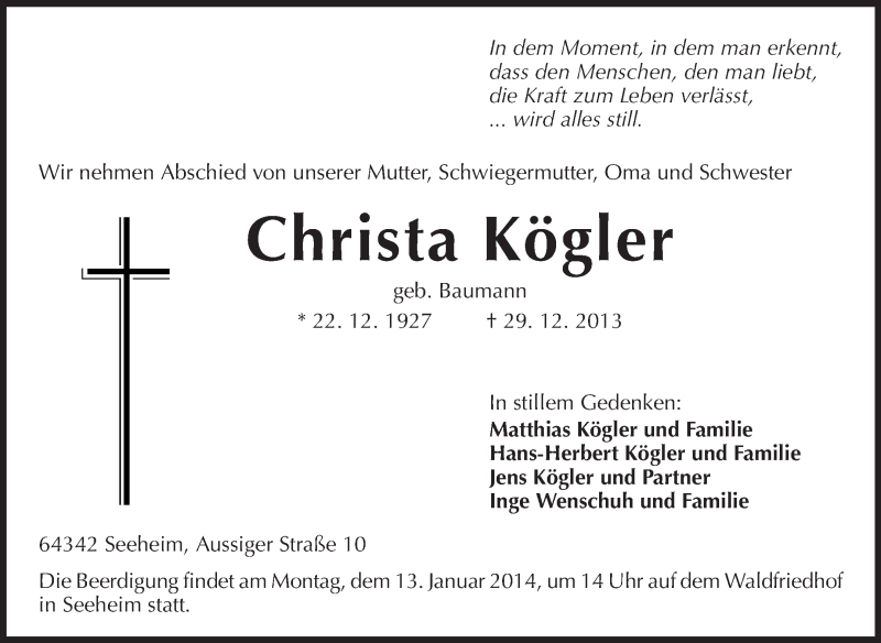  Traueranzeige für Christa Kögler vom 04.01.2014 aus Echo-Zeitungen (Gesamtausgabe)
