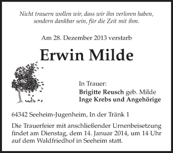Traueranzeige von Erwin Milde von Echo-Zeitungen (Gesamtausgabe)