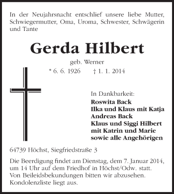 Traueranzeige von Gerda Hilbert von Odenwälder Echo