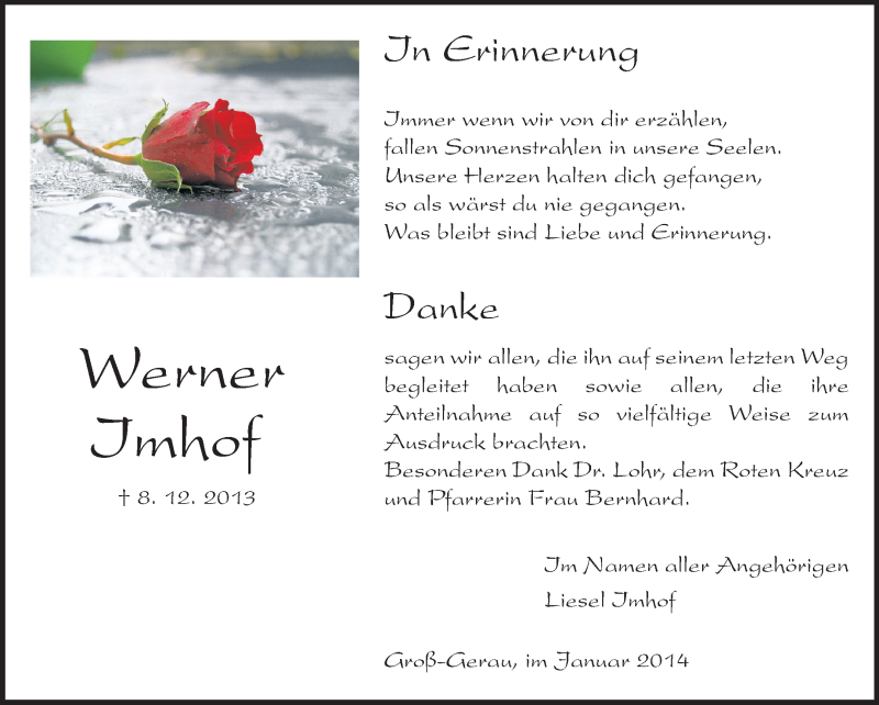  Traueranzeige für Werner Imhof vom 04.01.2014 aus Rüsselsheimer Echo, Groß-Gerauer-Echo, Ried Echo