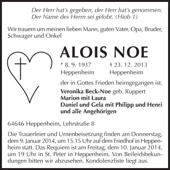 Traueranzeige von Alois Noe von Starkenburger Echo