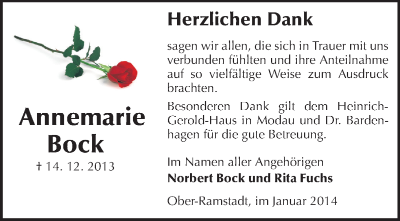  Traueranzeige für Annemarie Bock vom 04.01.2014 aus Echo-Zeitungen (Gesamtausgabe)