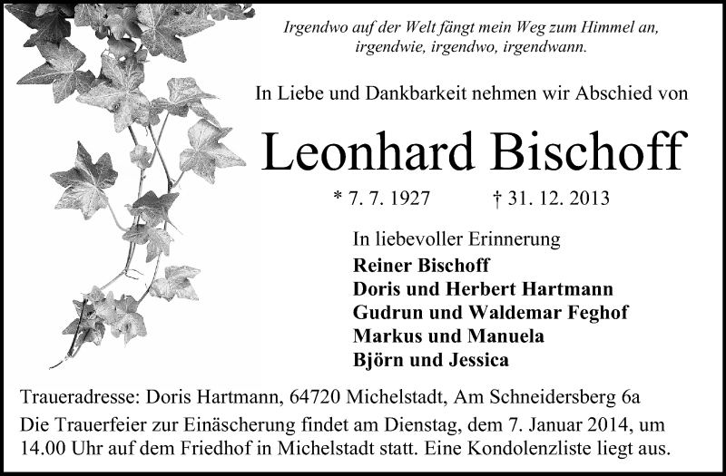  Traueranzeige für Leonhard Bischoff vom 04.01.2014 aus Odenwälder Echo