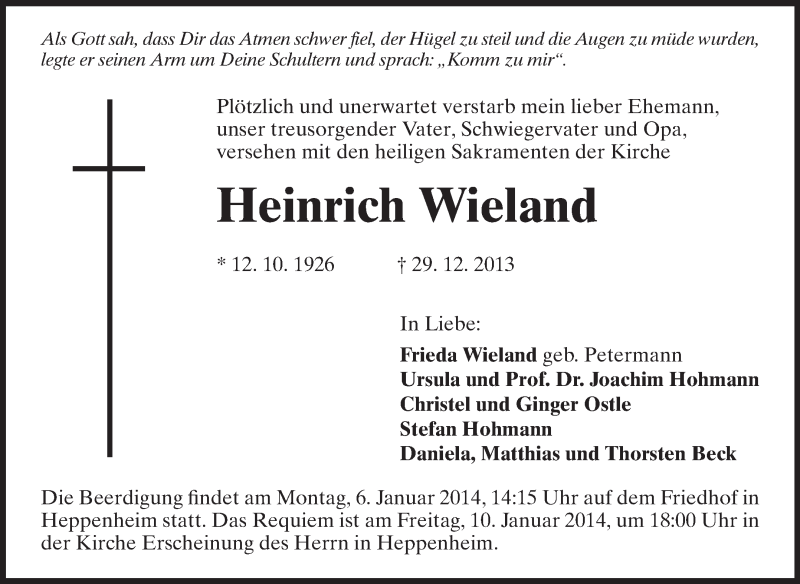  Traueranzeige für Heinrich Wieland vom 04.01.2014 aus Starkenburger Echo