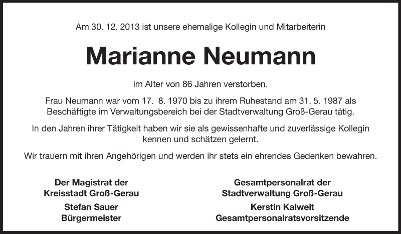  Traueranzeige für Marianne Neumann vom 04.01.2014 aus Rüsselsheimer Echo, Groß-Gerauer-Echo, Ried Echo