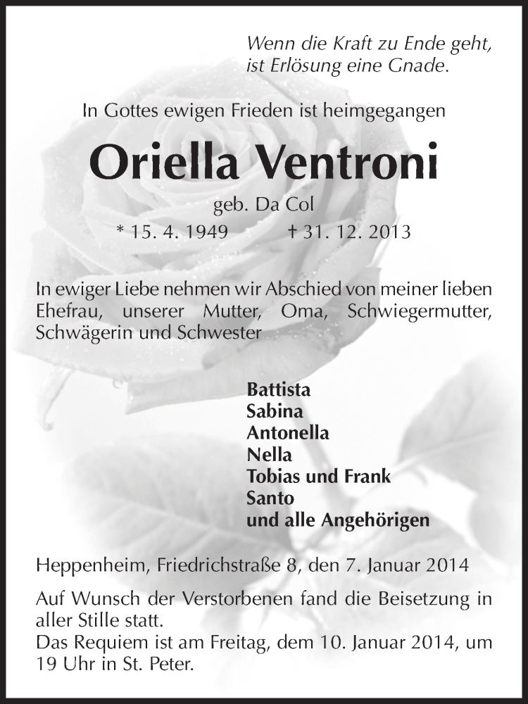  Traueranzeige für Oriella Ventrino vom 07.01.2014 aus Starkenburger Echo