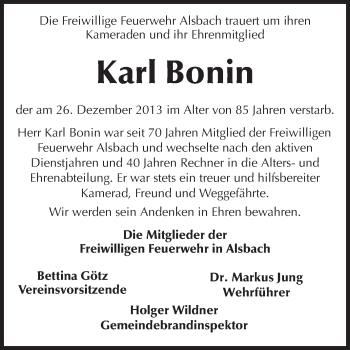 Traueranzeige von Karl Bonin von Echo-Zeitungen (Gesamtausgabe)